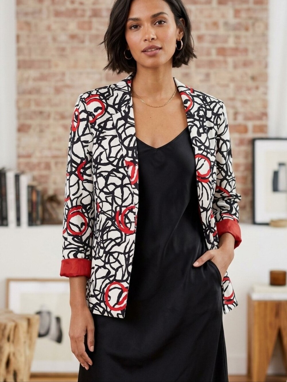 dressbarn Jacket Blazer Shoulder Pads White/Black/Red Size Medium